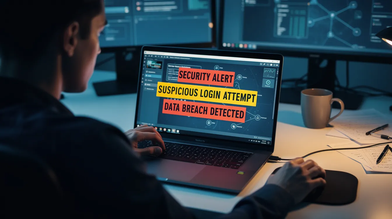 The image depicts a person sitting at a desk, intently focused on a laptop screen filled with multiple notification pop-ups, symbolizing a critical decision moment in cybersecurity. This scene highlights the importance of security awareness training and the need for employees to recognize emerging threats to protect sensitive information effectively.