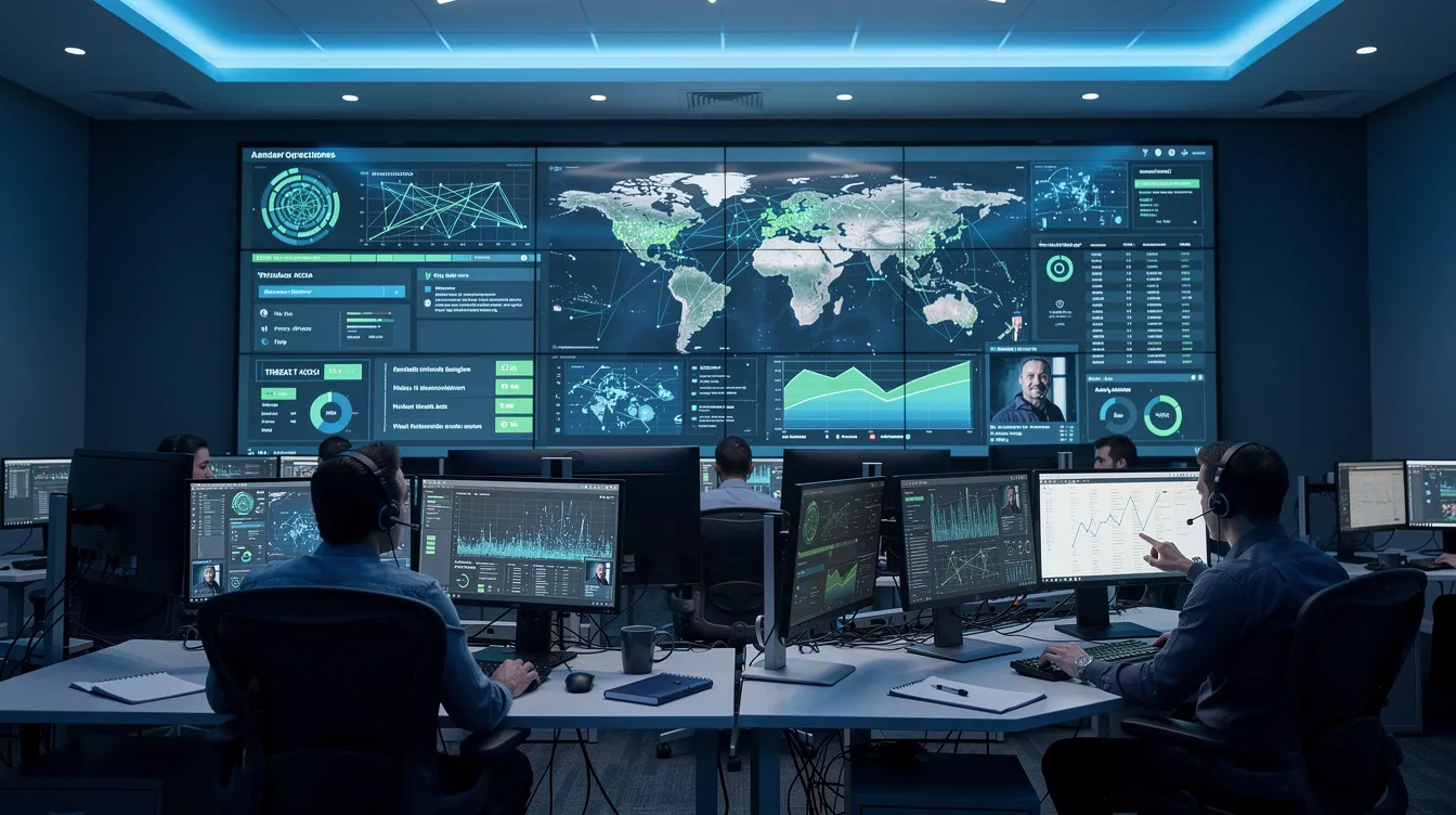 The image depicts a modern security operations center where analysts are intently monitoring multiple screens that display various data dashboards related to cybersecurity. This environment emphasizes the importance of security awareness training programs to protect sensitive information and address emerging threats effectively.