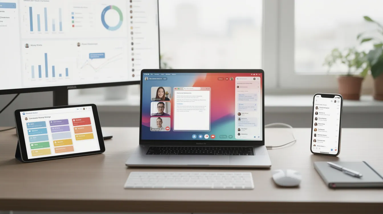The image depicts a modern digital workspace featuring a laptop, tablet, and smartphone, all displaying various collaboration tools essential for effective communication and teamwork. This setup emphasizes the importance of ongoing training and employee awareness efforts in maintaining data security and protecting sensitive information from emerging cyber threats.