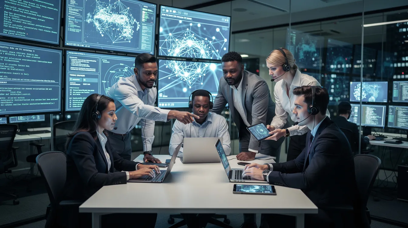 The image depicts a diverse team of cybersecurity professionals collaborating in a modern office, intently analyzing data displayed on large screens. This scene emphasizes the importance of security awareness training and the collective effort to enhance data security against emerging threats and cyber attacks.