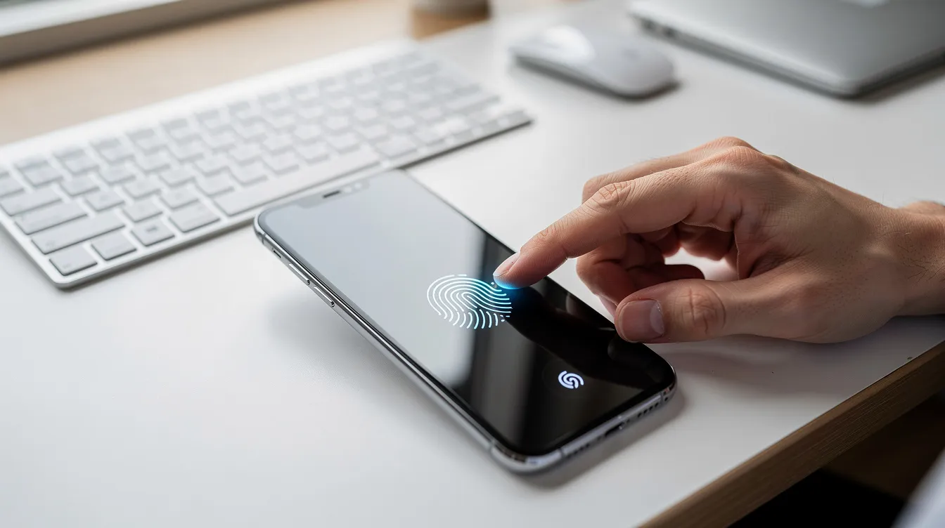 Fingerprint sensor on smartphone emphasizing secure access.