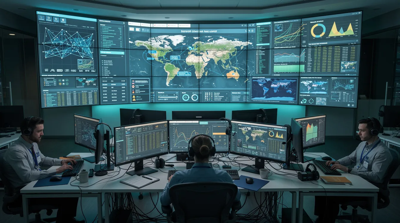 Security operations center monitoring network activity.