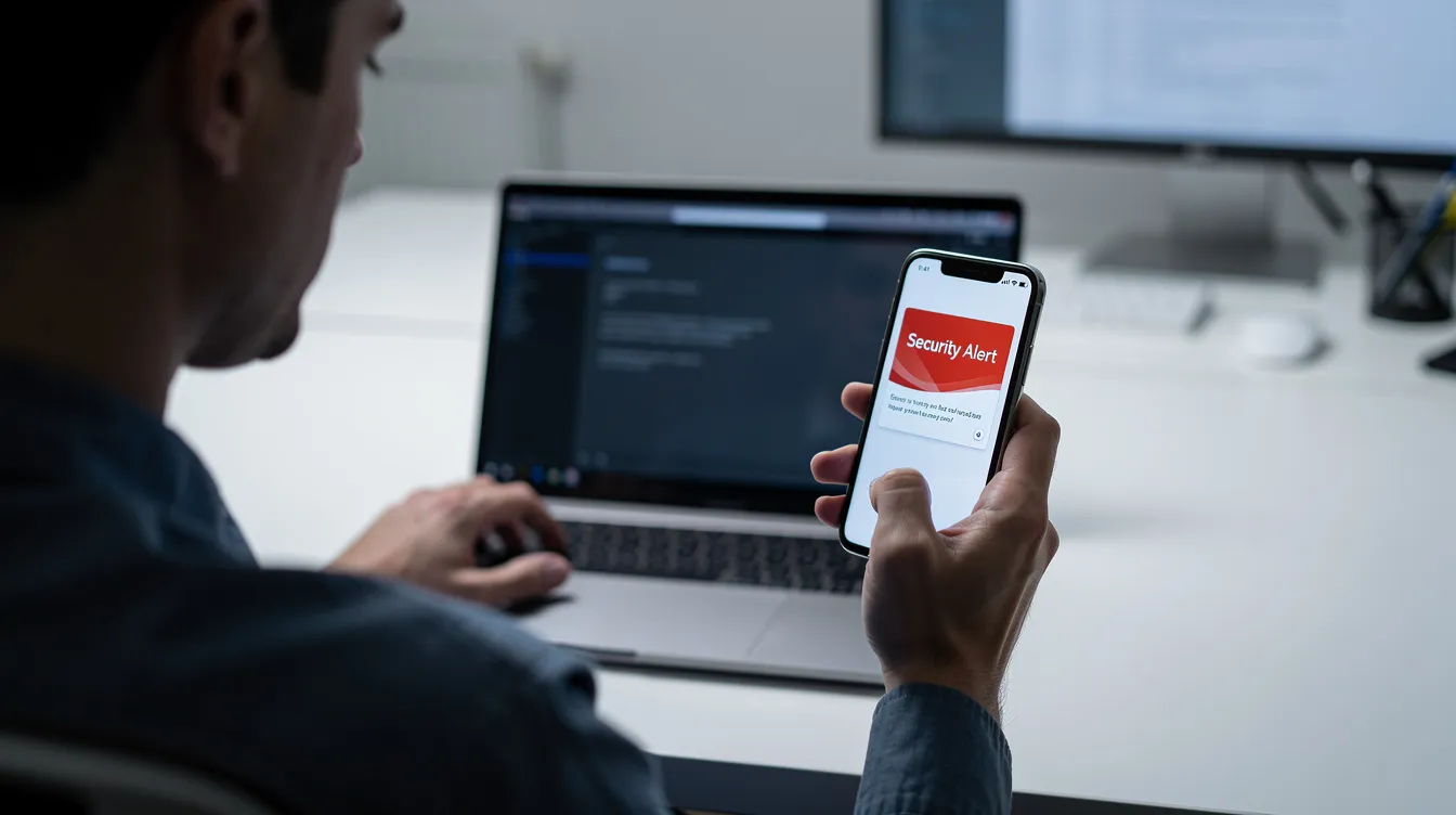 User holding phone showing MFA security notification.
