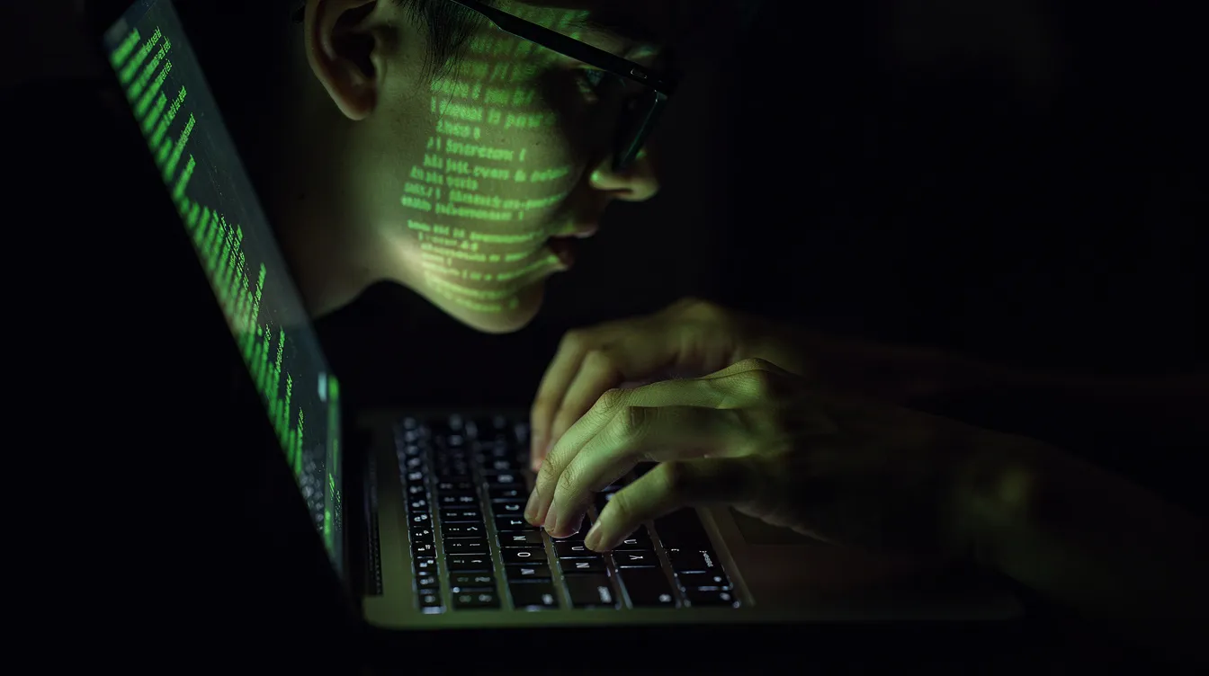 A person is intently typing on a laptop keyboard in a dimly lit environment, with a green light reflecting on their face, suggesting a focus on cyber activities such as vulnerability scanning or port scanning. This scene evokes the atmosphere of a hacker or cybersecurity professional engaged in identifying potential weaknesses in a target network.