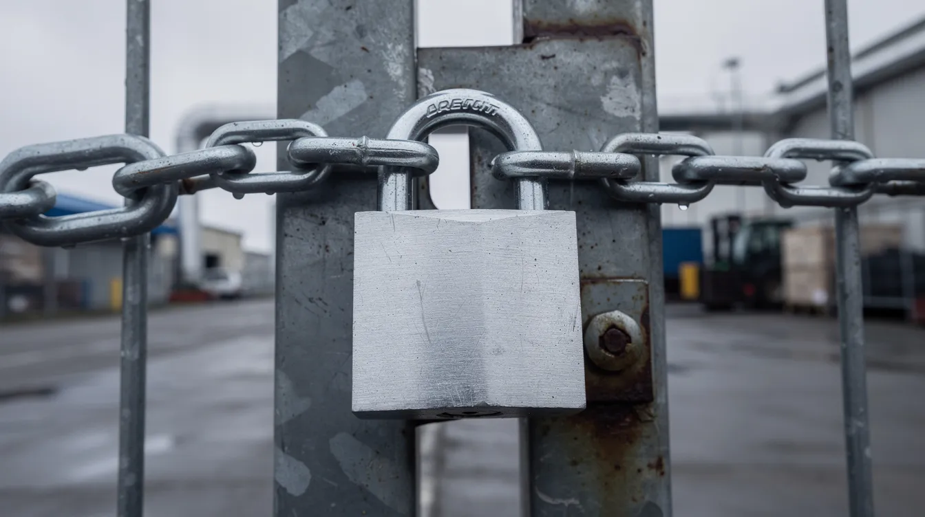 The image features a heavy steel padlock securing a metal gate, set against a blurred industrial background, symbolizing the importance of security measures in protecting against cyber threats and unauthorized access to vulnerable networks. The padlock represents a barrier to potential attackers attempting to exploit weaknesses in a target system.
