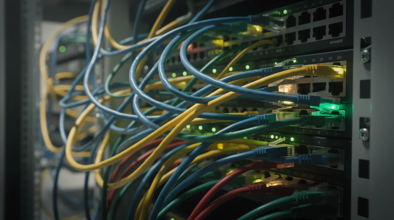 The image shows a chaotic bundle of tangled Ethernet cables connected to a network switch, with glowing activity lights indicating data transmission. This setup is crucial for network scanning and detecting vulnerabilities, as it allows for monitoring traffic and identifying potential cyber threats in a computer network.