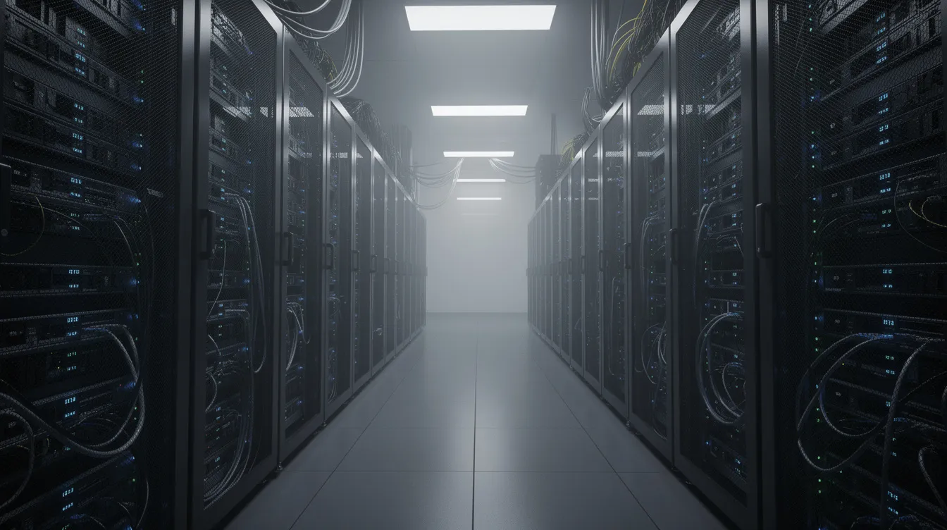 The image depicts a dimly lit server room filled with rows of racks, each adorned with blinking blue and green indicator lights, indicating active devices within the computer network. This environment is crucial for monitoring traffic and detecting potential cyber threats, as attackers often perform port scanning to identify open ports and vulnerabilities in the target system.