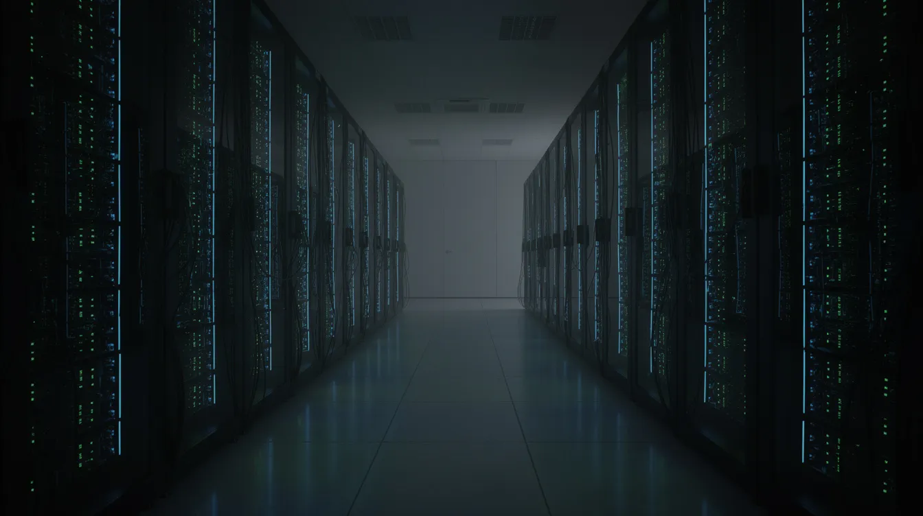 The image depicts a dark server room illuminated by blue and green indicator lights on rows of rack-mounted servers, symbolizing the critical infrastructure behind continuous security monitoring and proactive threat detection. This environment is essential for security teams to manage cyber threats and ensure rapid incident response to protect sensitive data and maintain a strong security posture.