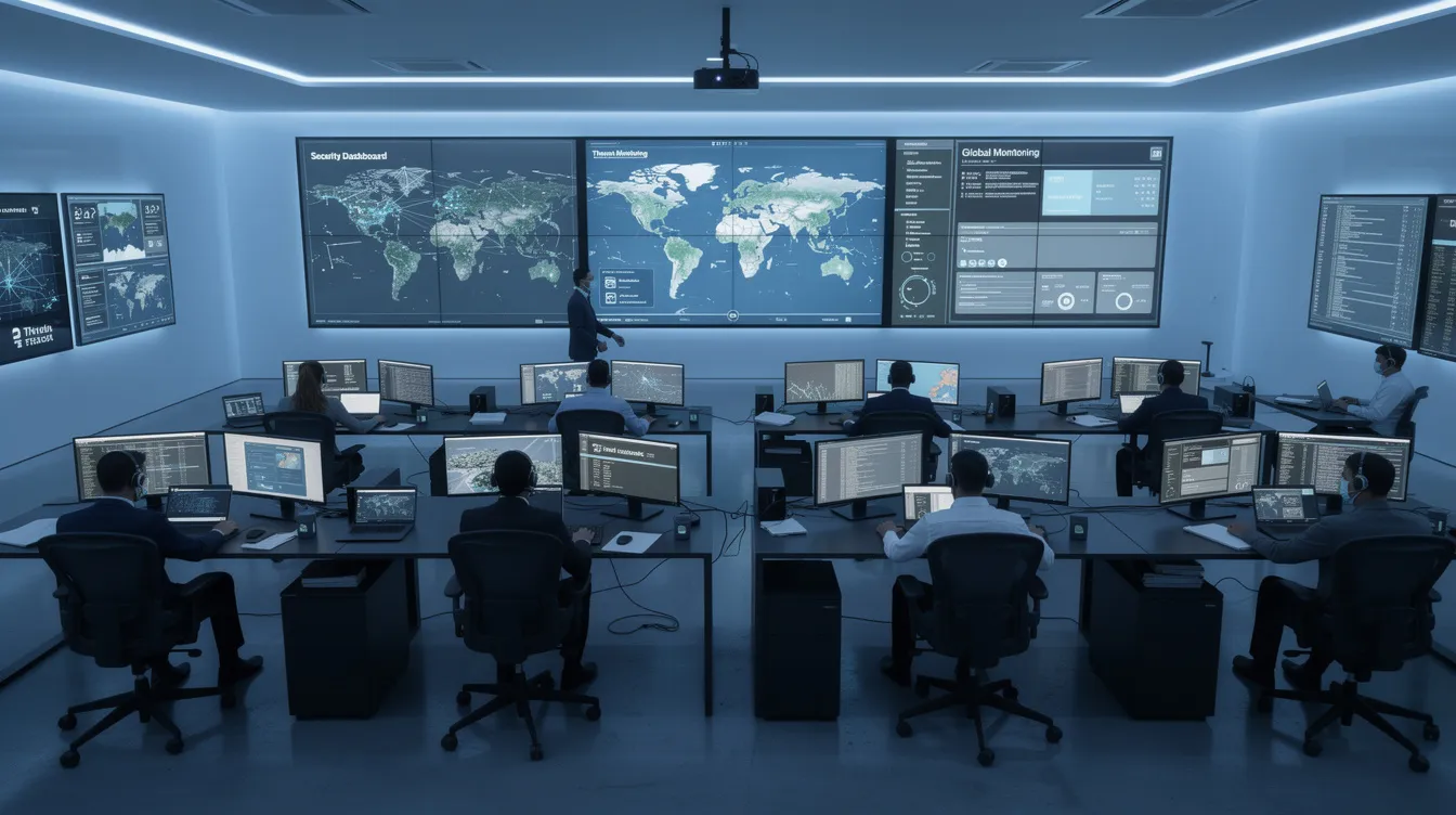 The image depicts a spacious modern security operations center, where rows of analysts are engaged in continuous security monitoring at multi-screen workstations, illuminated by dim blue ambient lighting. This environment highlights the importance of proactive threat detection and rapid incident response in addressing cyber threats and ensuring the security posture of critical assets.