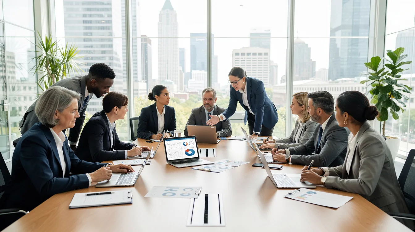 A diverse group of office professionals is gathered around a conference table in a bright, modern meeting room, reviewing documents and laptop screens. They appear engaged in discussions related to cybersecurity, emphasizing the importance of proactive threat detection and incident response to ensure that cyber threats do not escalate into major disasters.
