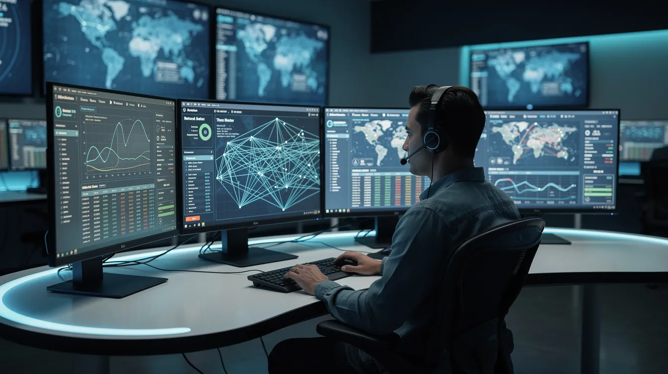 A cybersecurity professional is seated at a modern curved desk surrounded by multiple monitors displaying various network dashboards, reflecting a security operations center focused on continuous security monitoring and threat detection. This setup emphasizes the importance of proactive threat detection and rapid incident response in maintaining a strong security posture against cyber threats.