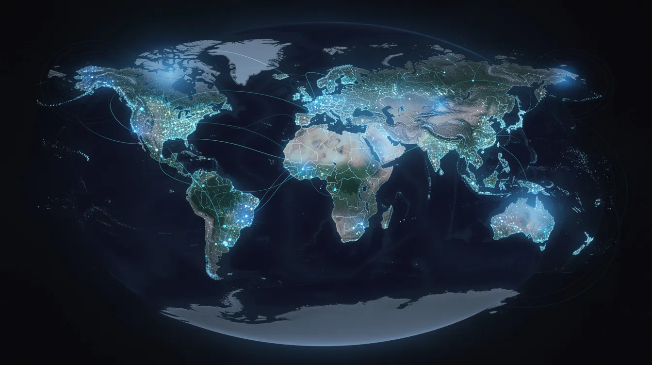 The image depicts a global digital network illuminated with glowing connection points across various continents, symbolizing cybersecurity monitoring and the efforts of managed security service providers (MSSPs) to protect sensitive data from cybersecurity threats. This visual representation highlights the importance of continuous monitoring and threat detection in safeguarding critical infrastructure from potential attacks.