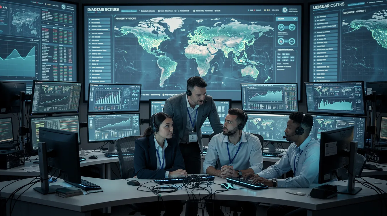 The image depicts a diverse team of cybersecurity professionals working collaboratively in a high-tech operations center, surrounded by multiple monitor displays showcasing security threats and incident response strategies. This environment highlights the importance of managed security services and effective threat detection in safeguarding sensitive data and digital assets from potential attacks.