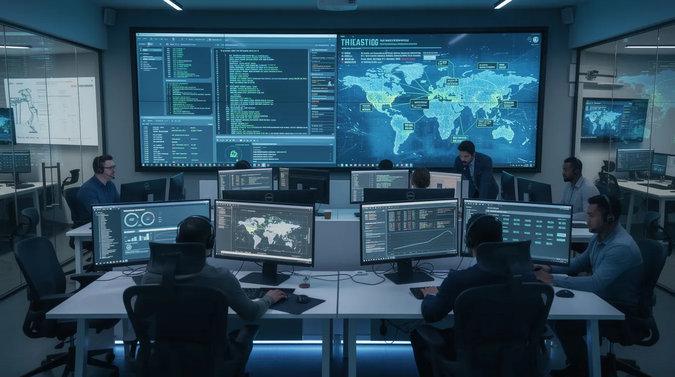 The image features a modern security operations center where analysts are intently monitoring large screens that display network data and alerts related to cybersecurity threats. This setup is crucial for managed security service providers (MSSPs) as they provide continuous monitoring and threat detection to protect sensitive information from potential attacks.