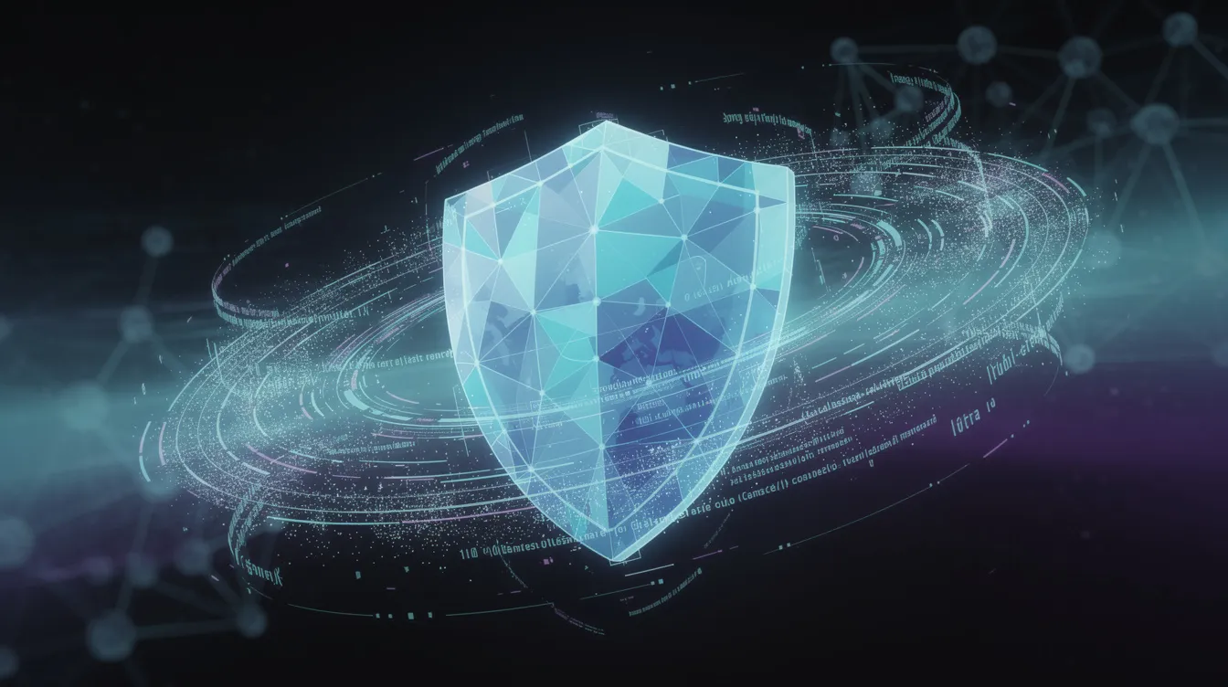 Digital shield surrounded by data streams and neural network nodes, symbolizing AI aiding security teams in proactive threat detection and response.