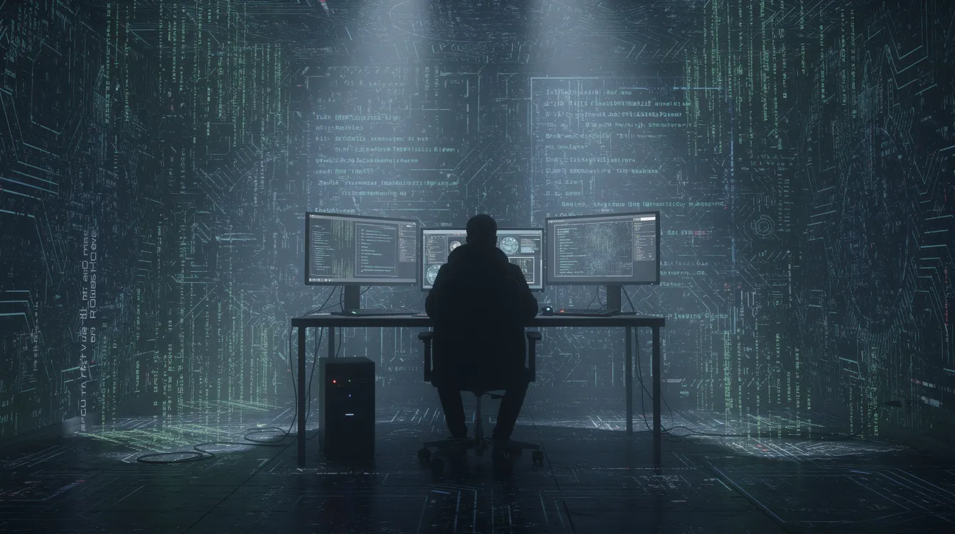 Silhouette at computer desk surrounded by code streams, illustrating security teams using AI tools for threat intelligence and proactive detection.
