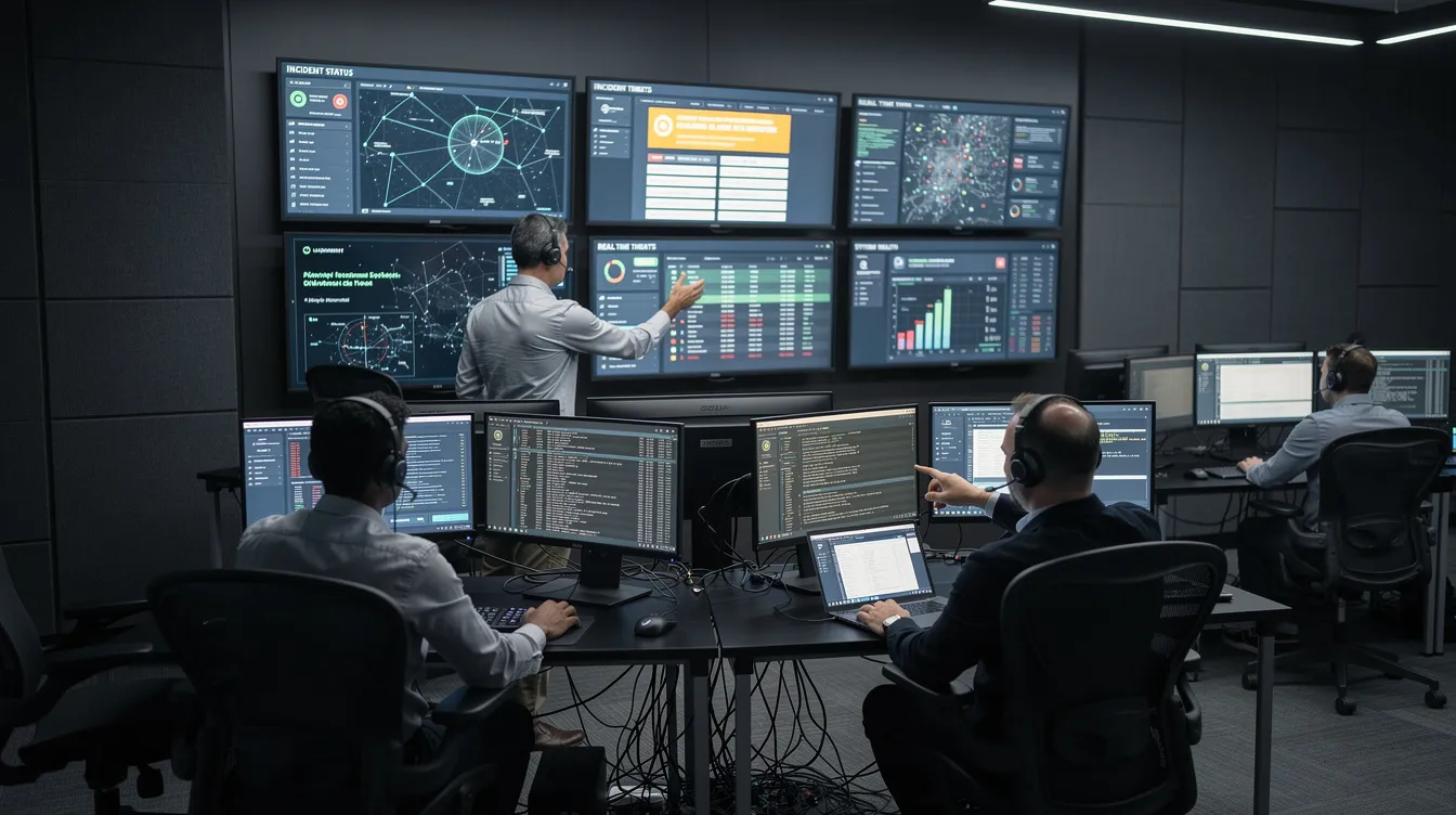 A diverse team of professionals collaborates around multiple monitors in a modern operations center, effectively coordinating incident response to cyber threats. This scene highlights the importance of cyber resilience strategies and incident response plans in minimizing disruption and ensuring business continuity in the face of evolving threats.