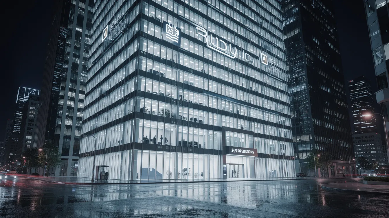 The image depicts a large bank building illuminated at night, with bright windows reflecting on the glass facade, symbolizing the critical 24/7 operations essential for maintaining cyber resilience against evolving threats. This visual emphasizes the importance of robust cybersecurity measures and incident response plans in protecting customer data and ensuring business continuity.