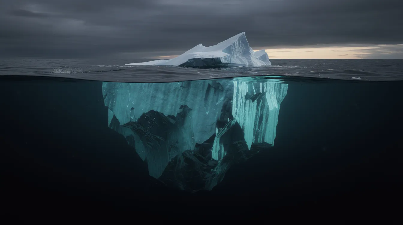 The image depicts a large iceberg floating in the dark ocean water, with only a small portion visible above the surface, symbolizing the hidden depths of the internet, much like the dark web where cyber threats and illicit activities often remain concealed from the surface web. This iceberg serves as a metaphor for the potential risks and cybersecurity challenges that lie beneath the visible layers of online content.