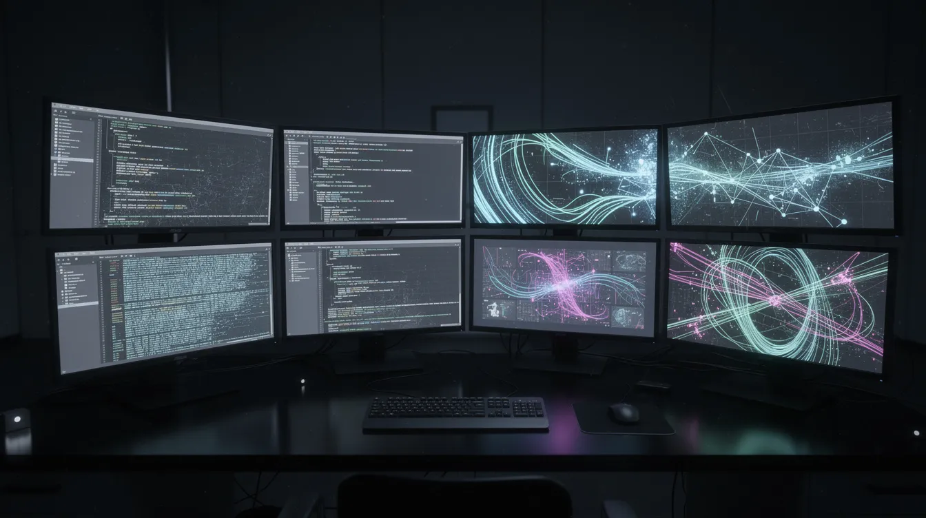 The image depicts a dark room filled with multiple computer monitors displaying abstract code and network visualizations, illustrating the complex environment of the dark web where threat actors communicate and plan cyber attacks. This scene highlights the cybersecurity risks associated with hidden services and the importance of security teams in monitoring and protecting sensitive information from potential data breaches.