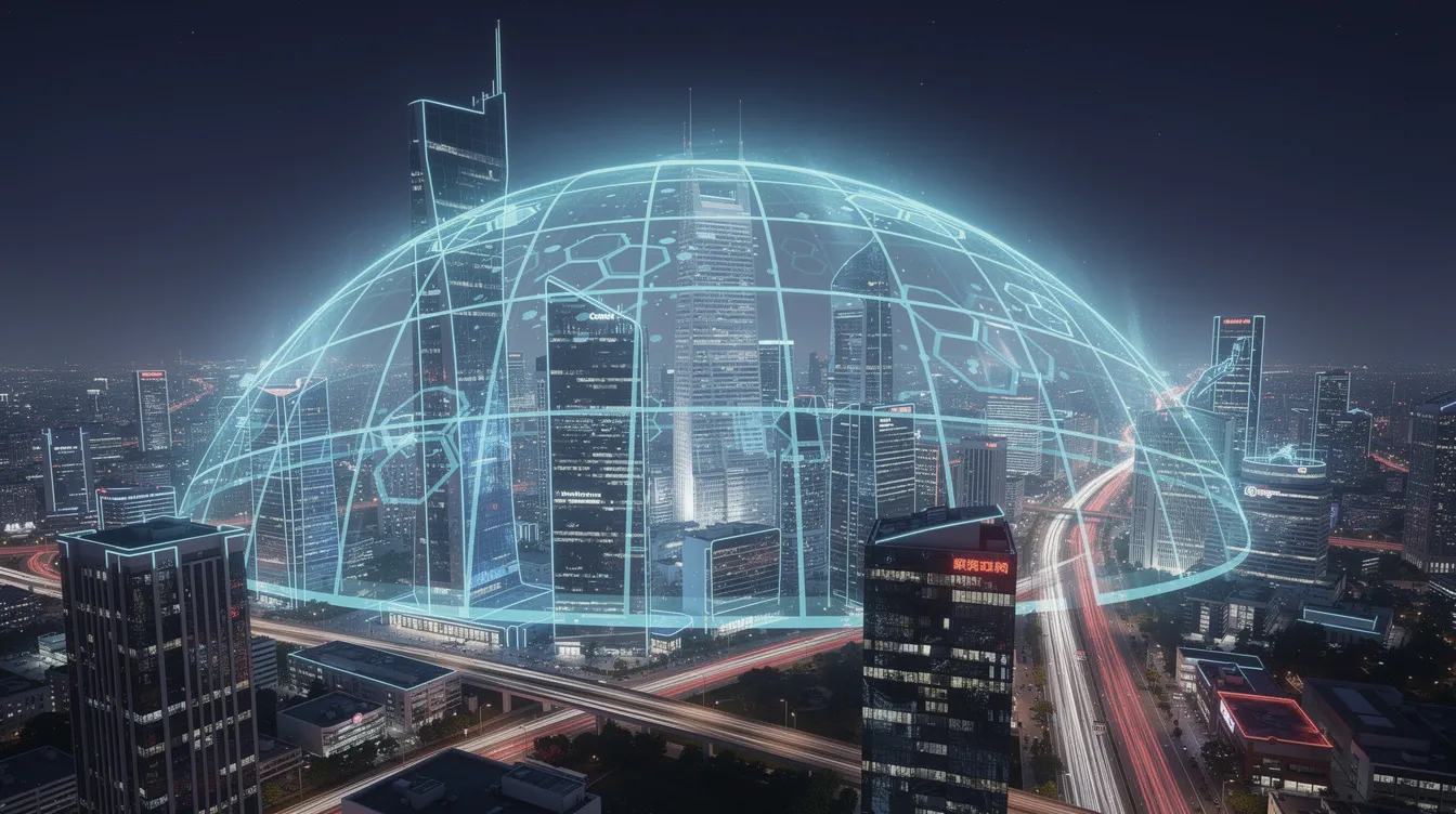The image depicts a glowing digital shield enveloping a modern city skyline at night, symbolizing cybersecurity and protection against cyber threats. This visual representation emphasizes the importance of security teams in safeguarding sensitive information from potential attacks originating from the dark web.