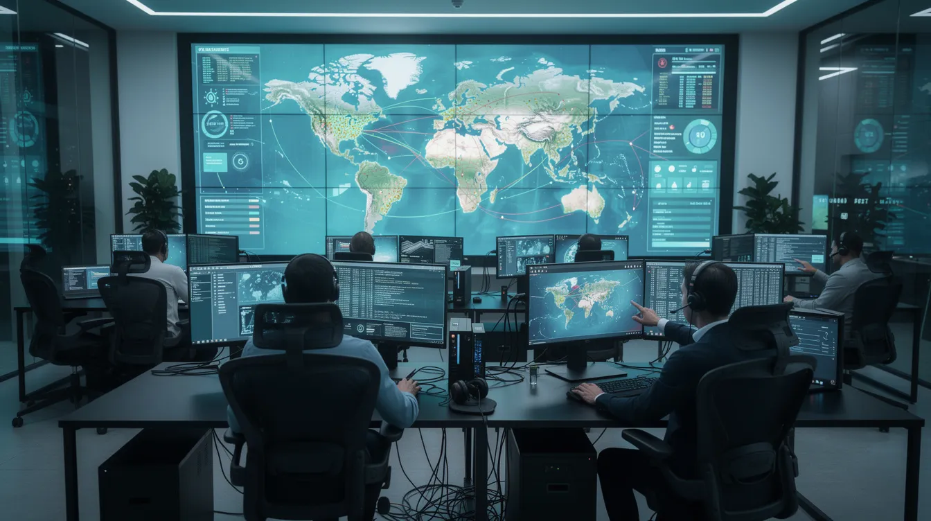 The image depicts a modern security operations center where cybersecurity professionals are intently analyzing multiple screens in a dimly lit room. This environment is crucial for monitoring cyber threats and identifying emerging risks from the dark web, ensuring the security posture of organizations against potential attacks.