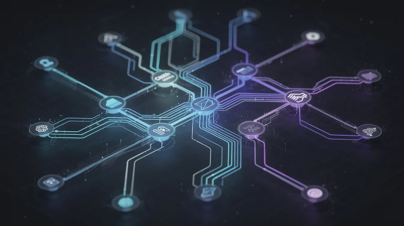 Complex network of interconnected digital nodes symbolizing API connections and security needs.