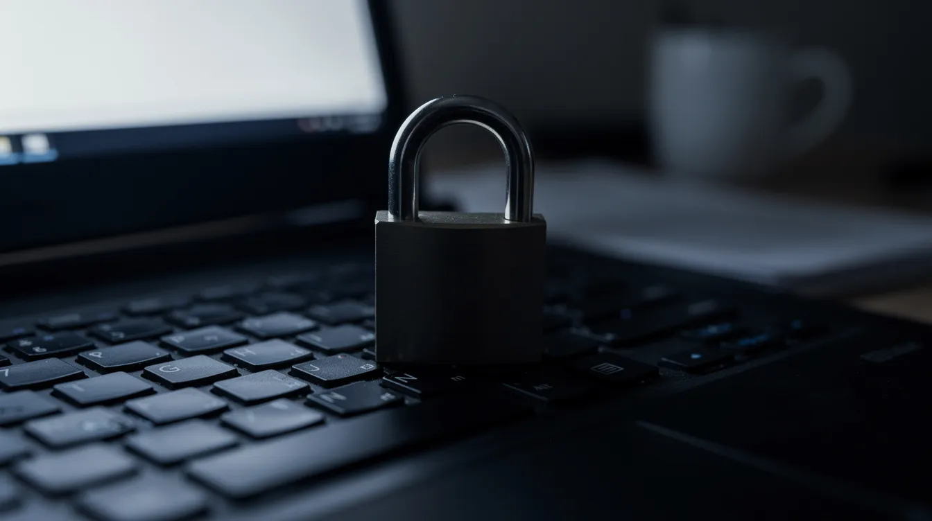 A padlock rests on a laptop keyboard in a dimly lit office, symbolizing cybersecurity’s critical role in protecting sensitive data from evolving cyber threats and potential breaches.