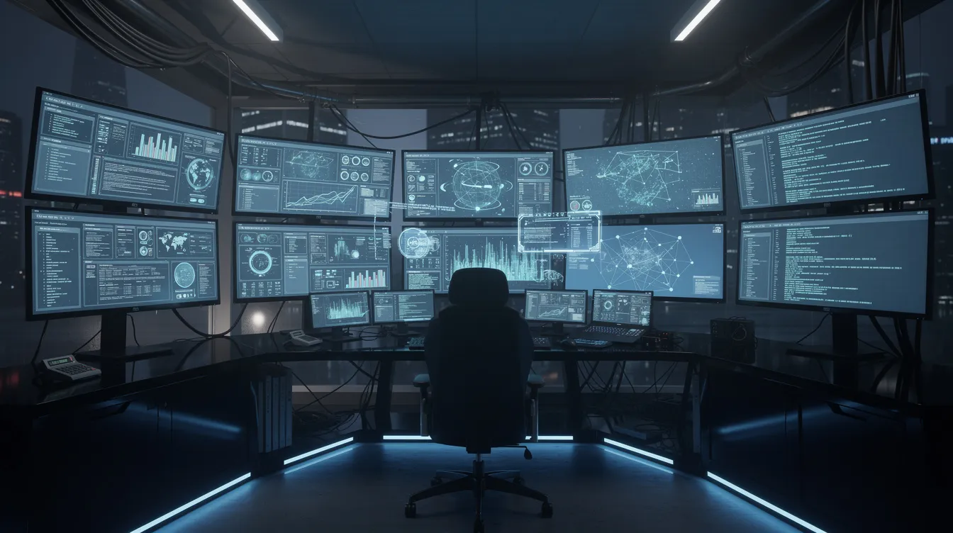 A high-tech control room illuminated by blue light, featuring multiple monitors displaying real-time threat detection dashboards, crucial for managing cybersecurity risks and safeguarding sensitive information against evolving threats.