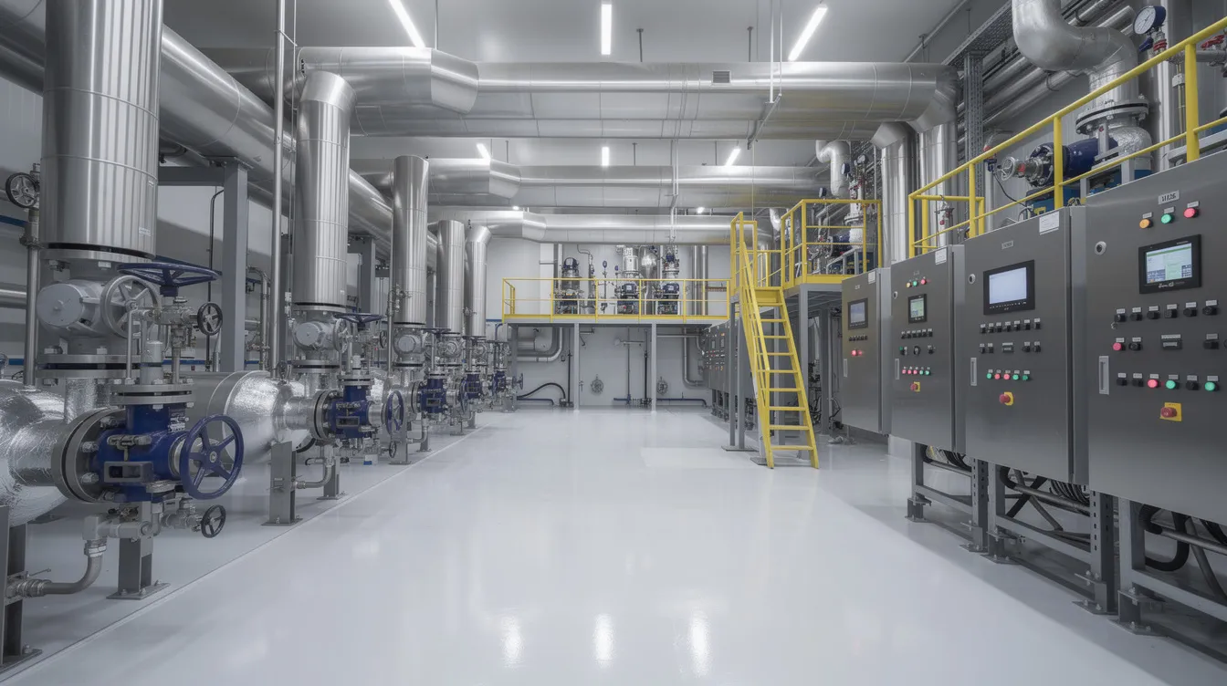 A clean industrial facility filled with pipes, valves, and control panels, highlighting critical infrastructure essential for maintaining operational continuity and mitigating cyber risks.
