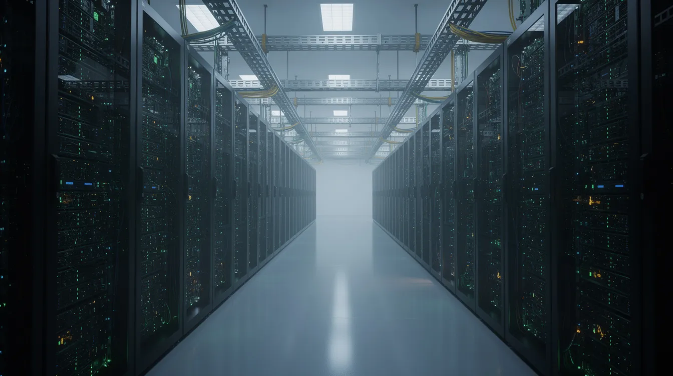 Rows of servers with blinking lights in a dimly lit data center, emphasizing the importance of protecting privileged accounts and sensitive data.