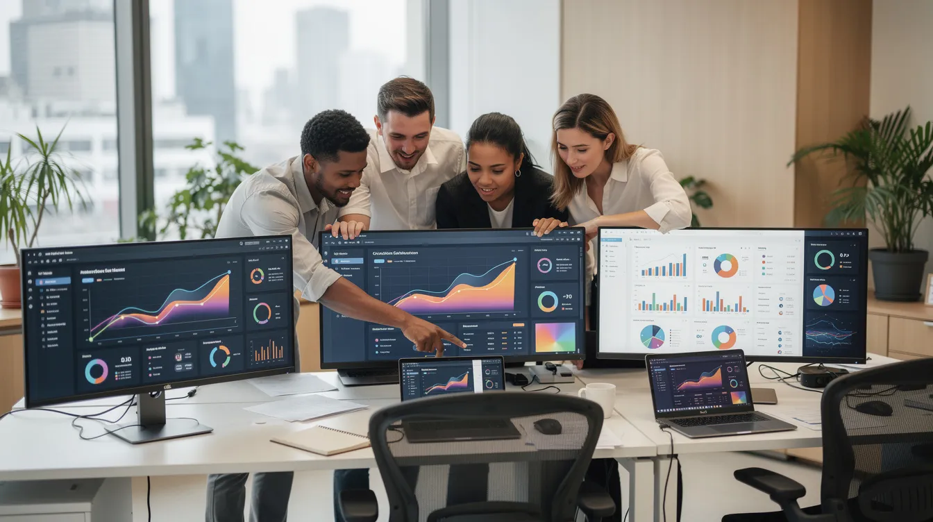 The image depicts a diverse team collaborating in a modern office, gathered around multiple monitors displaying colorful data dashboards. This scene emphasizes the importance of cybersecurity awareness training and teamwork in addressing cyber threats and enhancing overall security within organizations.