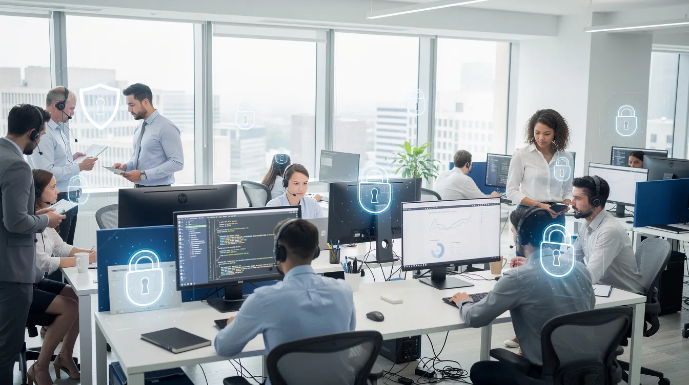 The image depicts a modern office environment where professionals are engaged with their computer screens, surrounded by subtle overlays of digital lock and shield icons, highlighting the importance of cybersecurity awareness training. This visual emphasizes the need for organizations to educate employees about cyber threats and promote security awareness in the workplace.