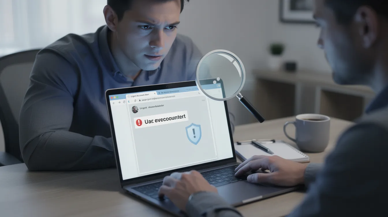 The image depicts a person sitting at a laptop, scrutinizing a suspicious email, with a magnifying glass icon symbolizing caution. This scene emphasizes the importance of cybersecurity awareness training in identifying phishing attacks and enhancing security measures against cyber threats.