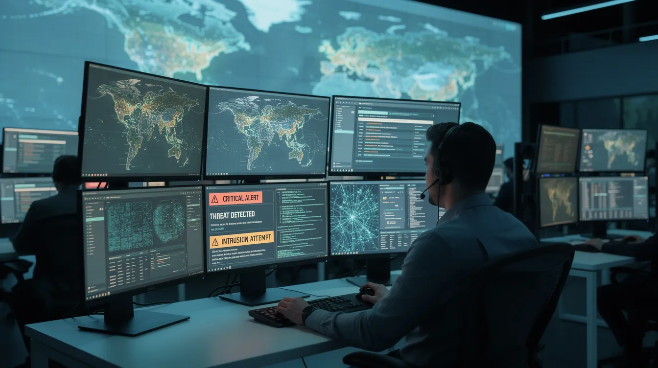 A security professional is intently monitoring multiple screens in a dimly lit operations center, displaying global threat maps and alert notifications, emphasizing the importance of cybersecurity awareness training and threat detection in protecting against cyber attacks. This scene highlights the critical role of security awareness programs in educating employees about potential cyber threats.