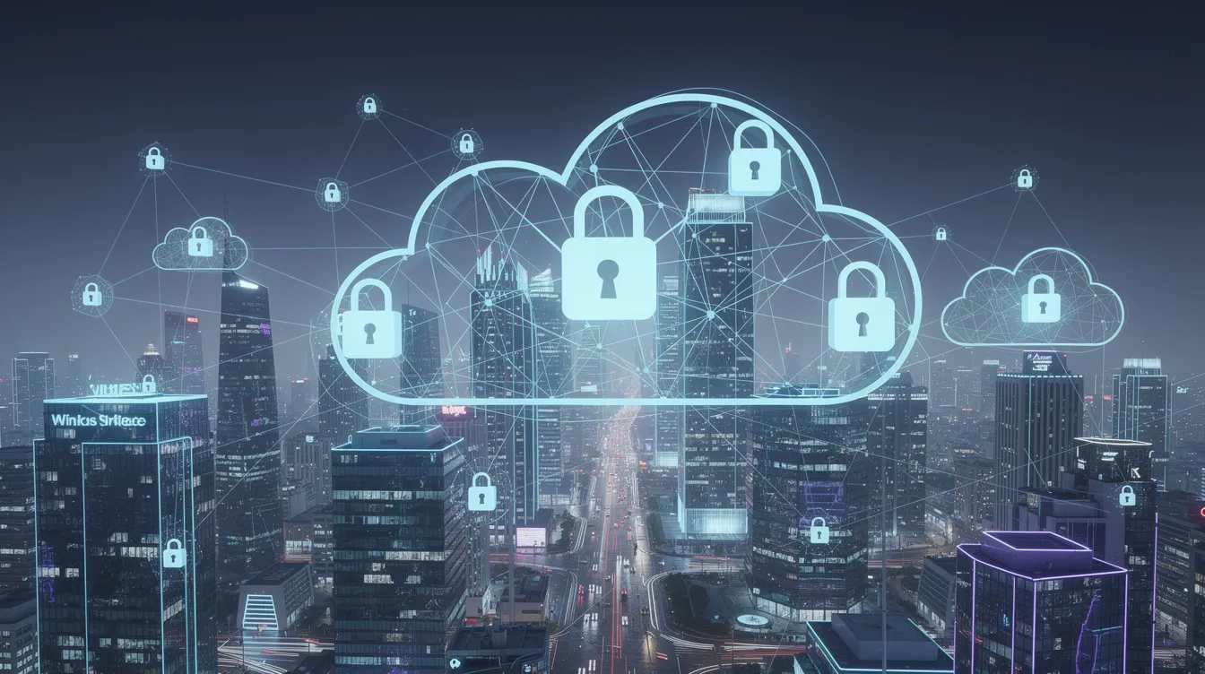 An abstract image depicts interconnected cloud nodes with padlock symbols hovering over a modern cityscape at night, symbolizing the importance of cybersecurity services in protecting data and secure workloads. The scene conveys a sense of security and good design, highlighting the need to safeguard against known vulnerabilities in a digital environment.