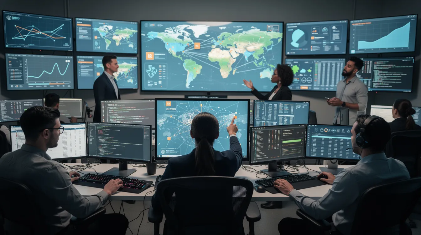 A diverse team of cybersecurity professionals is collaborating in a modern security operations center, surrounded by multiple monitoring screens that display various data and security metrics. The environment is organized and designed to enhance security practices, ensuring the protection of users and systems from known vulnerabilities and security gaps.