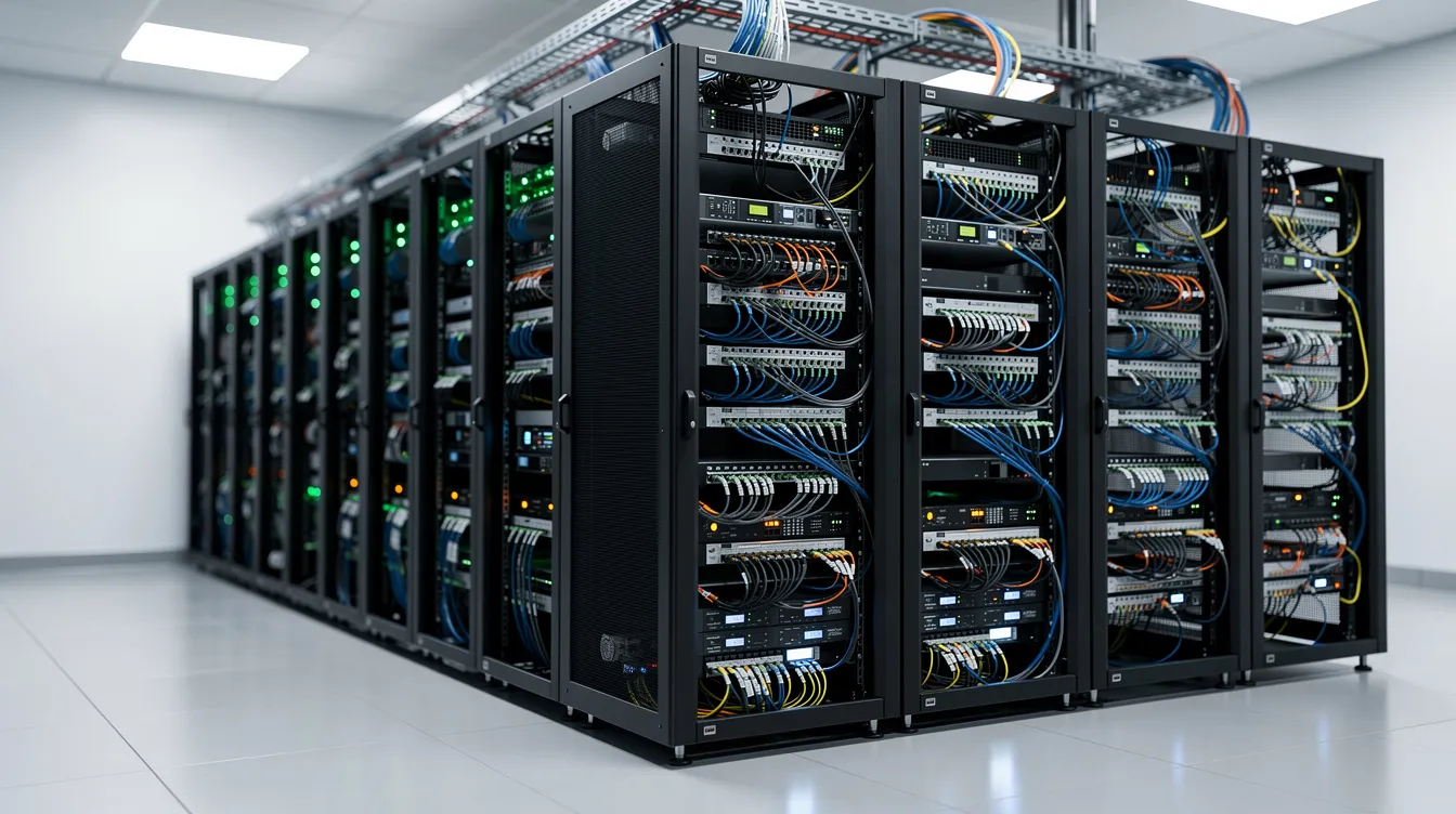 The image depicts a modern server room featuring organized racks of networking equipment with blinking indicator lights, emphasizing good design and security practices. This well-structured environment ensures the protection of data and systems, minimizing security gaps and known vulnerabilities.