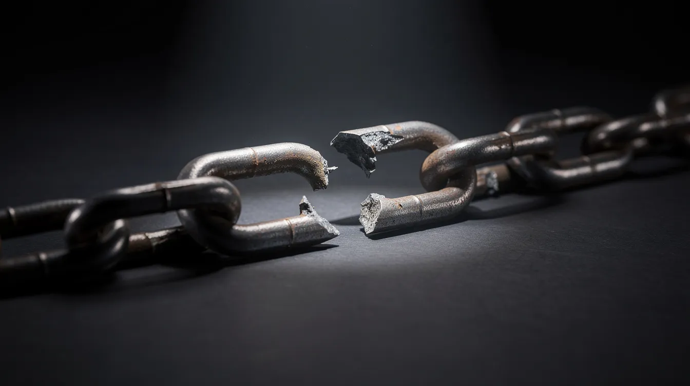 Broken chain link symbolizing a critical vulnerability that can lead to major breaches and compromise cybersecurity resilience.