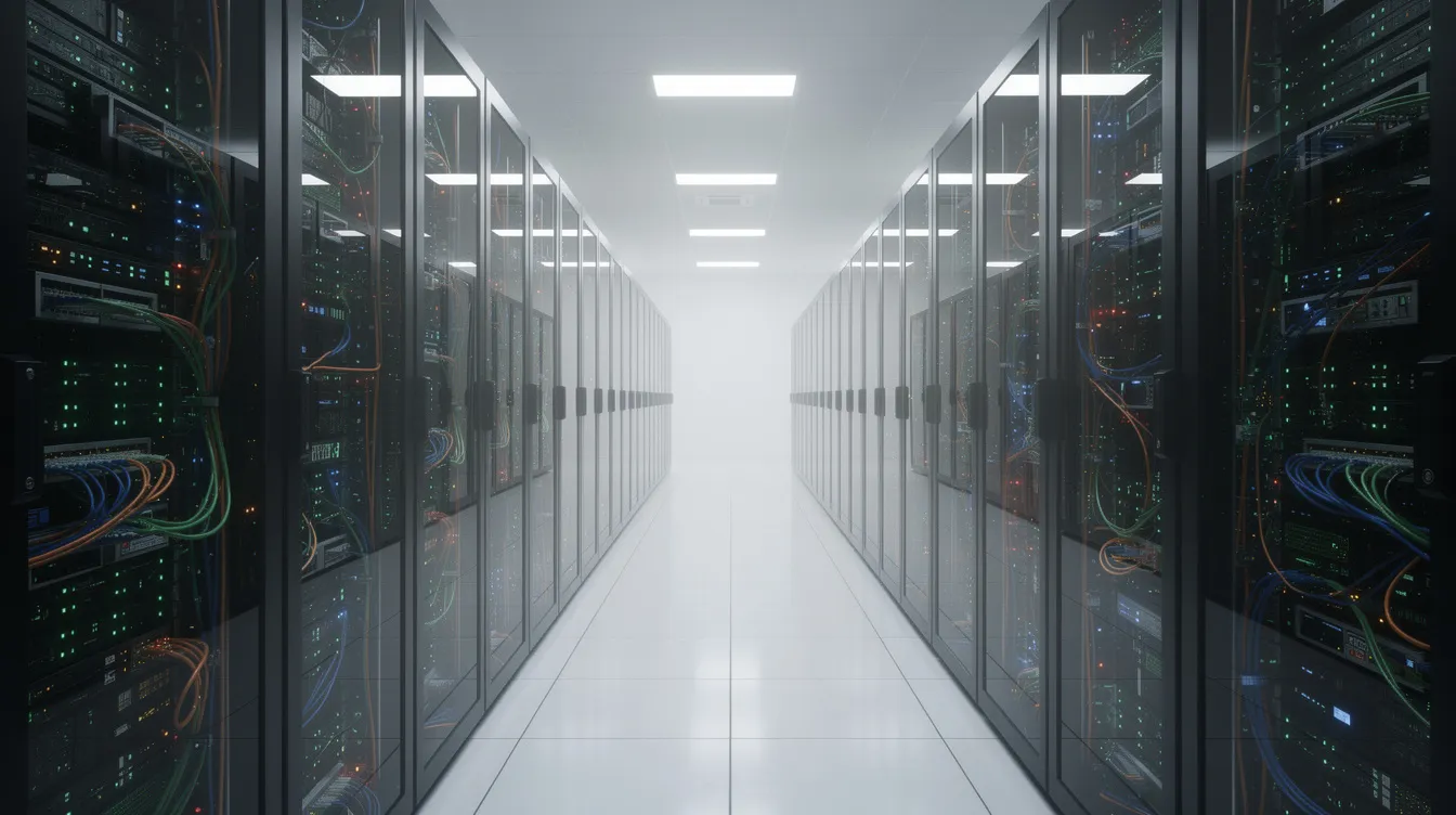 Modern data center filled with servers and network equipment, highlighting the importance of managing vulnerabilities to prevent major breaches.