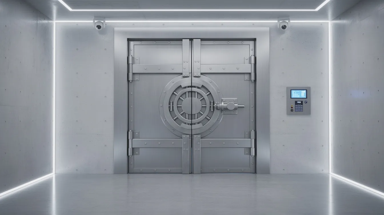 The image depicts a large, reinforced steel vault door situated in a modern secure facility, symbolizing the importance of securing service accounts and protecting sensitive data from cyber threats. This strong barrier represents the need for robust security measures, such as multi-factor authentication and lifecycle management, to safeguard against credential theft and unauthorized access in an active directory environment.
