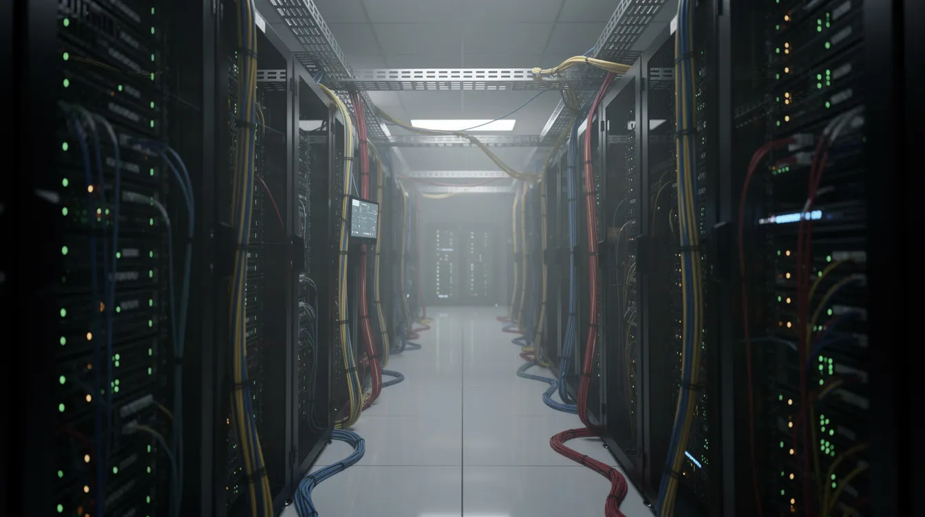 The image depicts a dimly lit server room filled with rows of blinking network equipment and tangled cables, highlighting the complexity of managing service accounts and securing sensitive data within an active directory environment. This setting underscores the importance of monitoring service account activity to prevent credential theft and cyber threats.