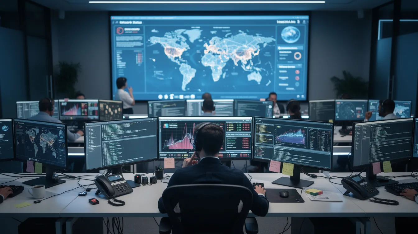 The image depicts a bustling cybersecurity operations center where analysts are engaged with multiple monitors showcasing network dashboards. This environment emphasizes the importance of securing service accounts and monitoring for potential cyber threats, highlighting the critical role of service account security in protecting sensitive data and maintaining a robust security posture.