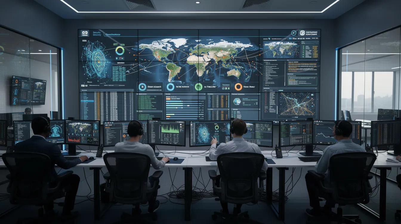 Modern SOC with analysts monitoring dashboards and network visualizations