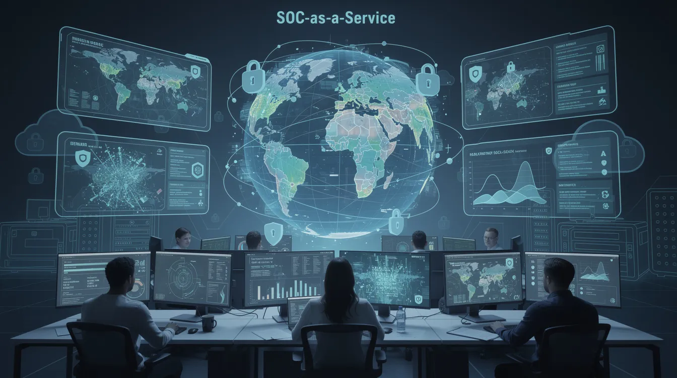 The image depicts a modern Security Operations Center (SOC) environment, showcasing skilled analysts monitoring screens filled with real-time data on cyber threats and security events. This SOC-as-a-Service setup emphasizes proactive security measures, including threat detection and incident response capabilities, to protect sensitive data and enhance the organization’s security posture.