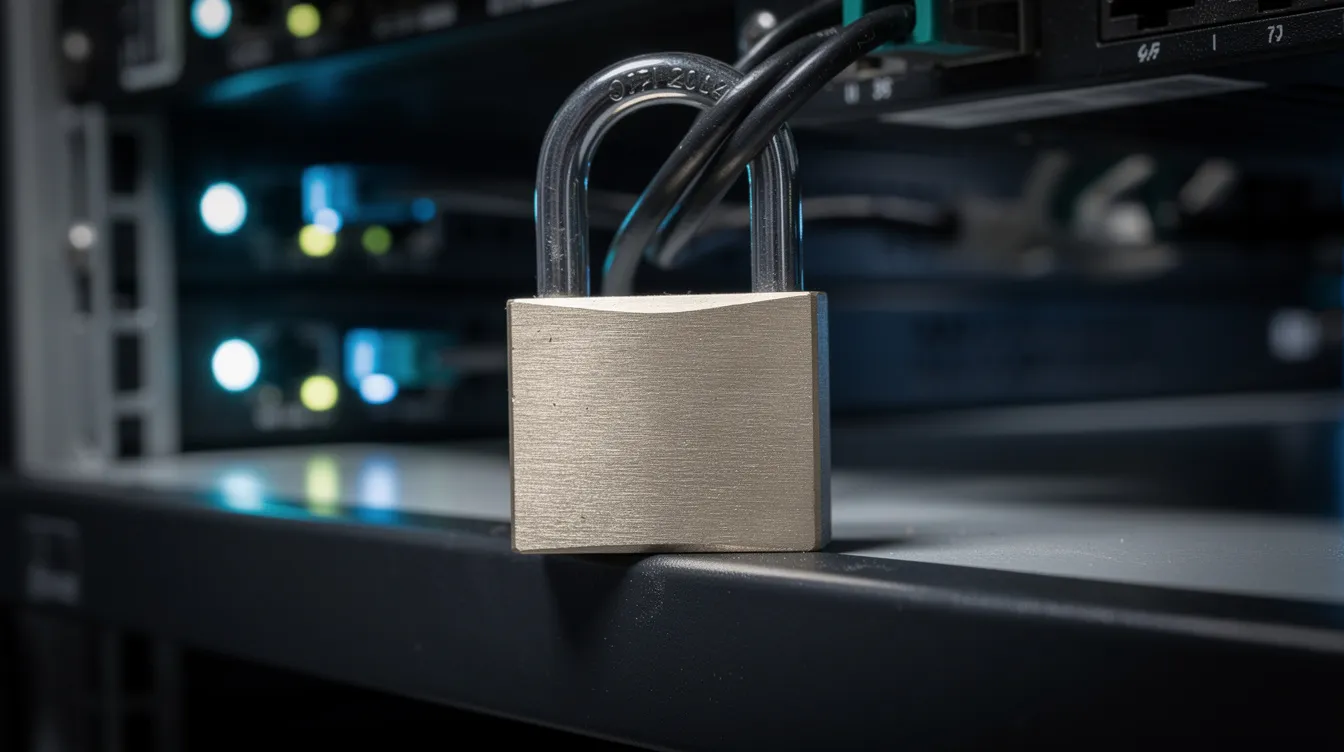 The image shows a partially open padlock resting on a server rack shelf, symbolizing security risks and the importance of effective risk management in network security. This visual representation highlights the need for configuring firewall rules and maintaining a strong security posture to protect essential business operations from potential threats.