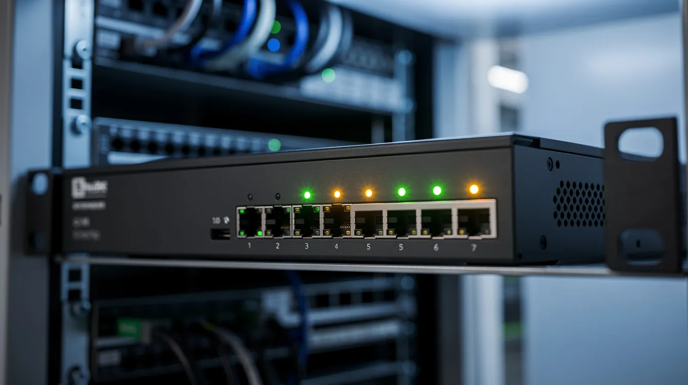 The image depicts a firewall appliance located in a data center, featuring several blinking indicator lights that signal its operational status. This device plays a crucial role in network security by managing inbound and outbound traffic through specific firewall rules, ensuring risk mitigation against external threats.