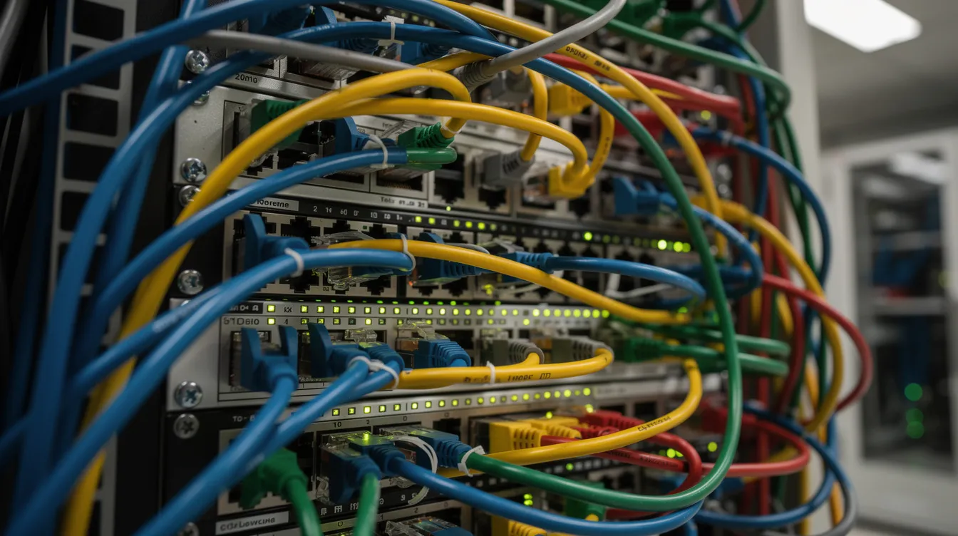 The image depicts a chaotic arrangement of tangled network cables connected to a busy switch panel, illustrating the complexity of managing network traffic and ensuring security in enterprise environments. This setup highlights the importance of configuring firewall rules and monitoring inbound and outbound traffic to mitigate risks and protect critical business operations.