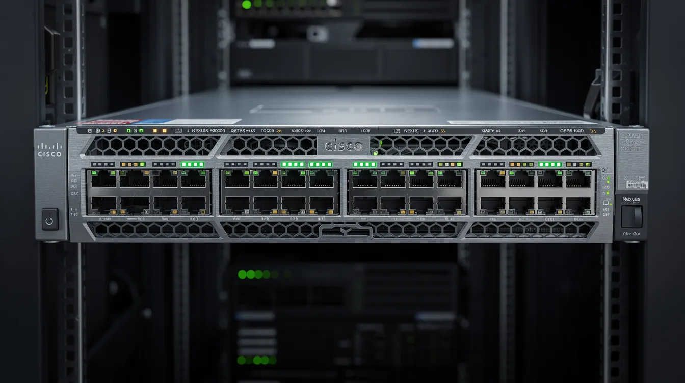 The image depicts a Cisco Nexus 9000 switch, an essential component in network infrastructure, designed for enterprise environments. This switch is part of the Nexus 9000 series, which plays a critical role in network security and infrastructure access control, allowing for effective vulnerability management and incident response.