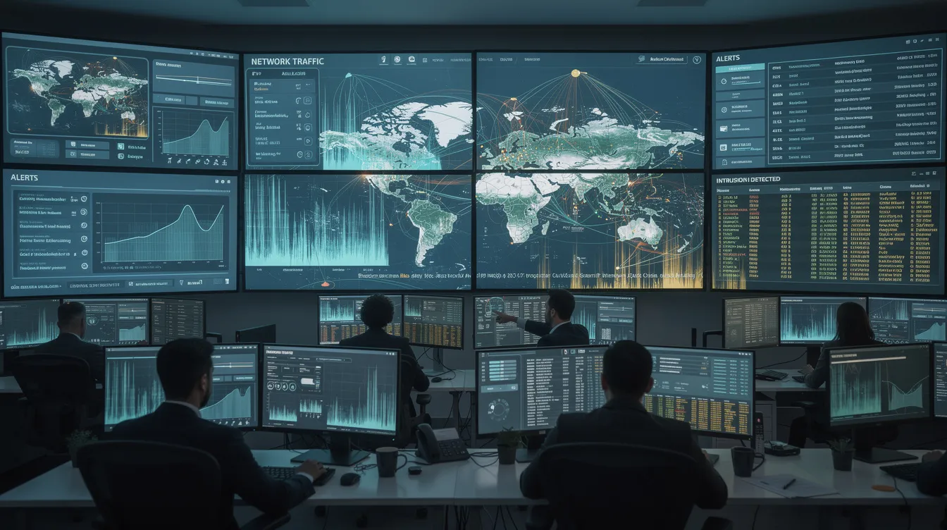 The image depicts a network security monitoring setup, showcasing various devices including Cisco Nexus 9000 series switches. It highlights the importance of vulnerability management and incident response in mitigating risks associated with remote code execution and malicious use, emphasizing the need for technical support and software upgrades to ensure secure infrastructure access control.
